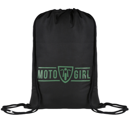 Black drawstring bag with 'Moto Girl' logo on a white background