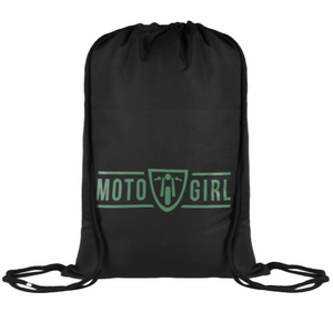 Black drawstring bag with 'Moto Girl' logo on a white background