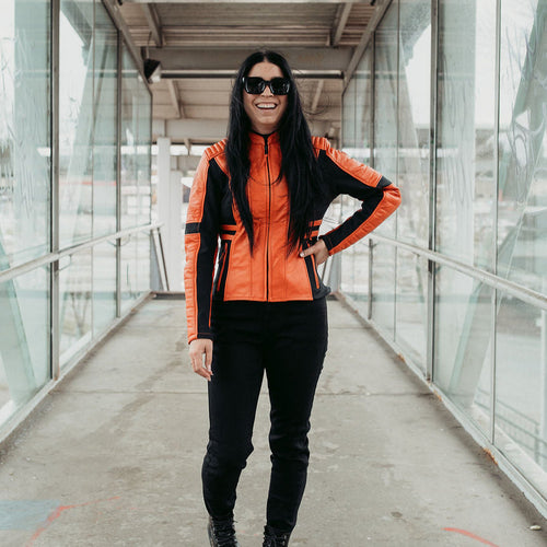 Amelia Orange Leather Jacket - MotoGirl Ltd