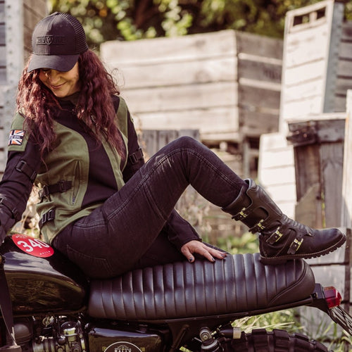 Moto Girl Ribbed woman leggins with Aramid Fiber and protection Black